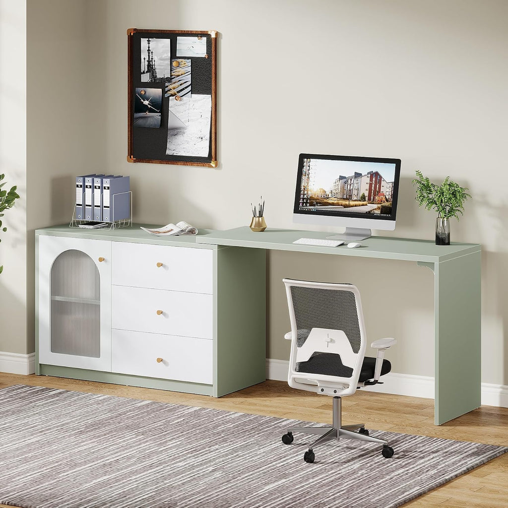 Tribesigns L-Shaped Computer Desk with Drawers, Modern Corner Home Office Desk with Reversible Storage Cabinet, Long Study Writing Desk Workstation for Home Office, Cyan & White
