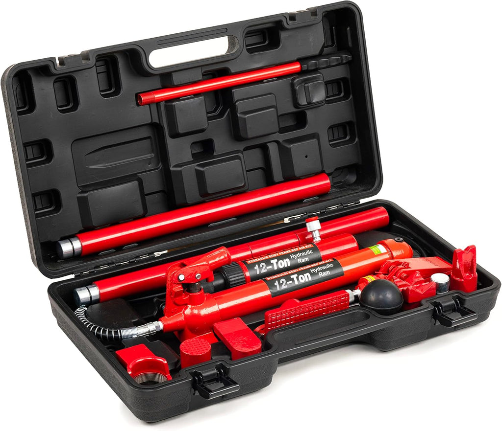 12 Ton Porta Power Hydraulic Jack Kit, Heavy Duty Hydraulic Ram & Pump Set, Auto Body Frame Repair Tool with Extension Tubes for Car, Truck & Garage