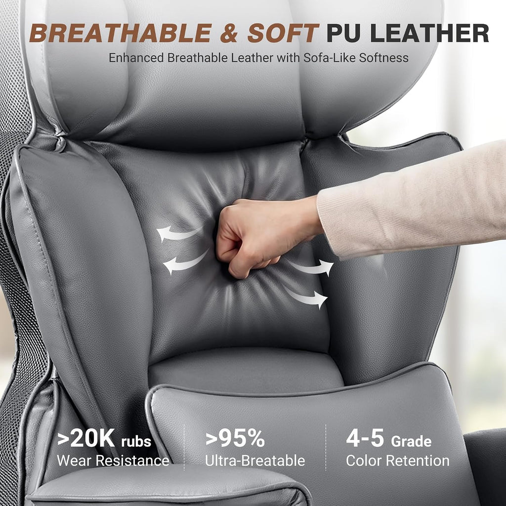 ALLGOD Office Chair Comfy, Big and Tall Executive Leather Chair, High Back Ergonomic Wide Chair with Footrest, Reclining Computer Desk Chair, Heavy Duty Gaming Chair with Padded Arm and Pillow, Grey