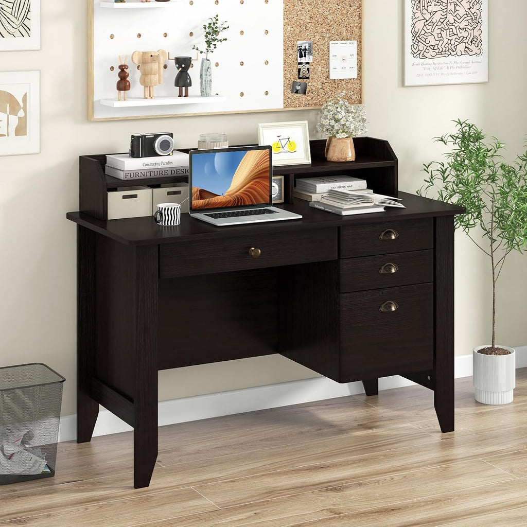 Tangkula Computer Desk with 4 Storage Drawers & Hutch, Home Office Desk Vintage Desk with Storage Shelves, Wooden Executive Desk Writing Study Desk (Black)