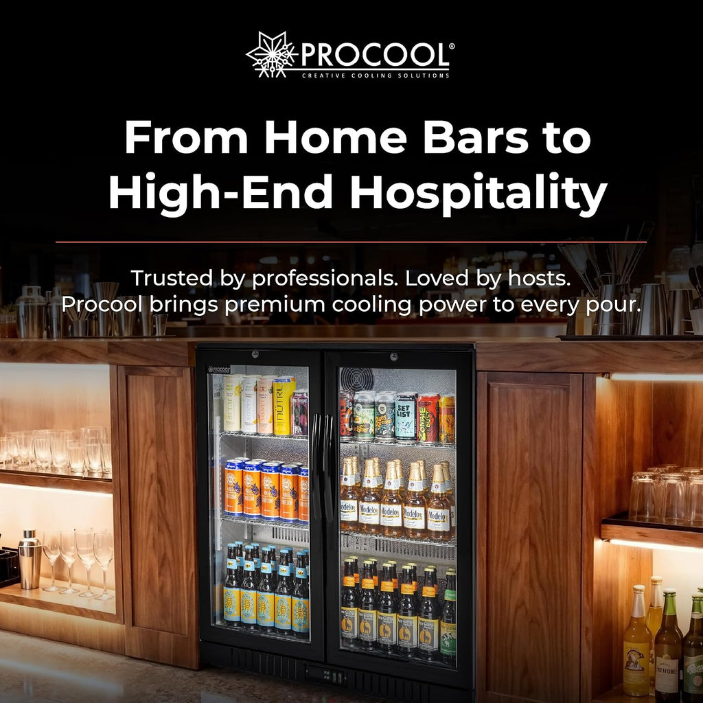 Procool 2-Door Counter Height Beverage Refrigerator - 36' Wide Energy Efficient Black Bar Fridge With Glass Doors & LED Lighting - Commercial Back Bar Cooler