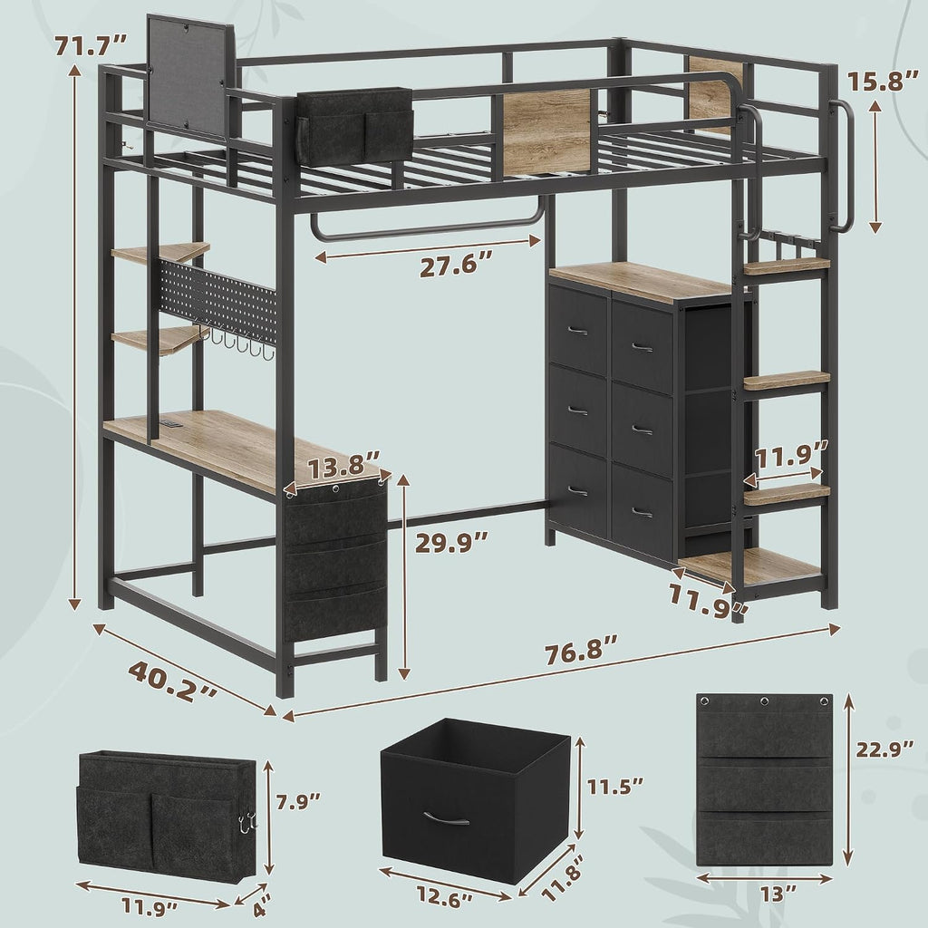 Dnxao Twin Loft Bed with Desk, Heavy Duty Twin Bed Frame with Integrated 6 Storage Drawers & DIY Pegboard, Smart LED Lights, Charging Station with Type-C, Space-Saving Workstation for Teens,Oak Gray