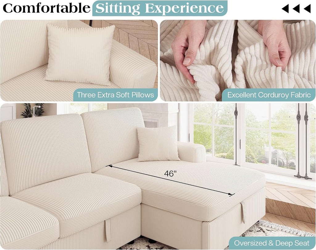 VanAcc 130' Sofa Bed, Sectional Sleeper Sofa with Pull Out Bed, Sleeper Couch with Storage, 6 Seater Couch for Living Room, Corduroy Off-White