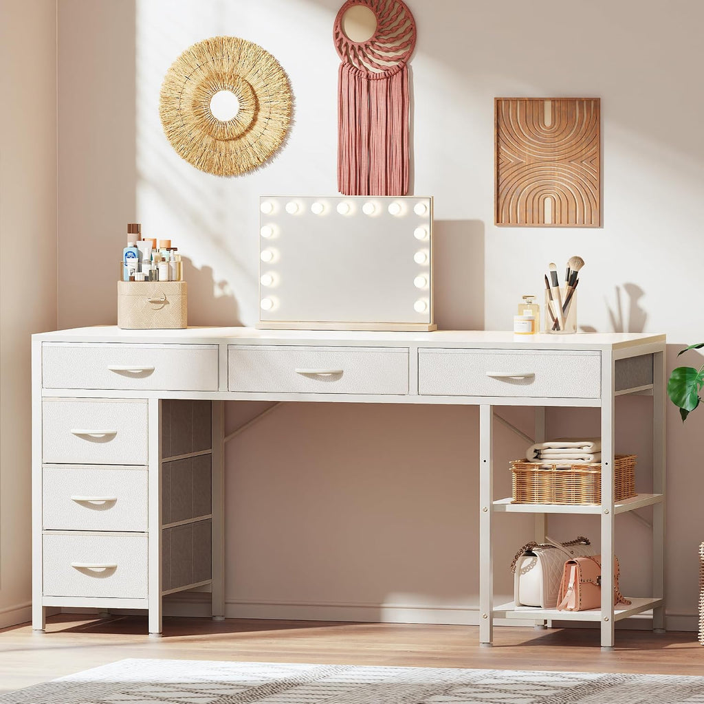 Huuger Computer Desk with 6 Drawers, Office Desk with Shelves, Reversible Gaming Desk, Corner Desk with Storage, Work for Home Office, Study, Living Room, 54inch, White