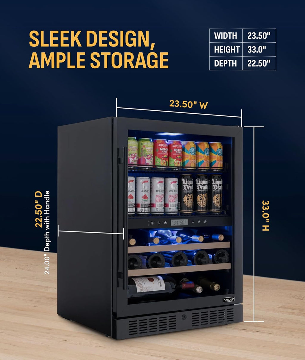 NewAir 24' Dual Zone Beverage Refrigerator & Wine Cooler for 24 Bottles & 100 Cans | Freestanding or Built-In Under Counter Mini Fridge for Beer, Wine and Soda | Stainless Steel