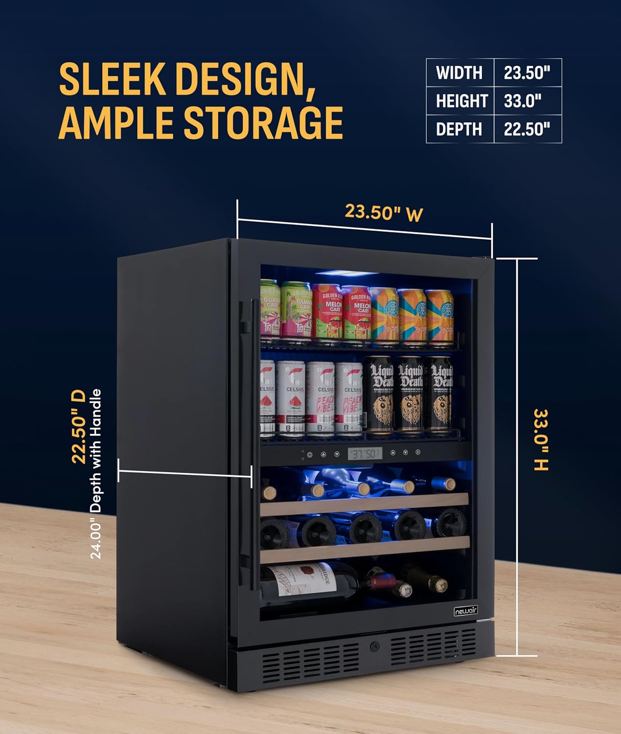 NewAir 24' Dual Zone Beverage Refrigerator & Wine Cooler for 24 Bottles & 100 Cans | Freestanding or Built-In Under Counter Mini Fridge for Beer, Wine and Soda | Stainless Steel