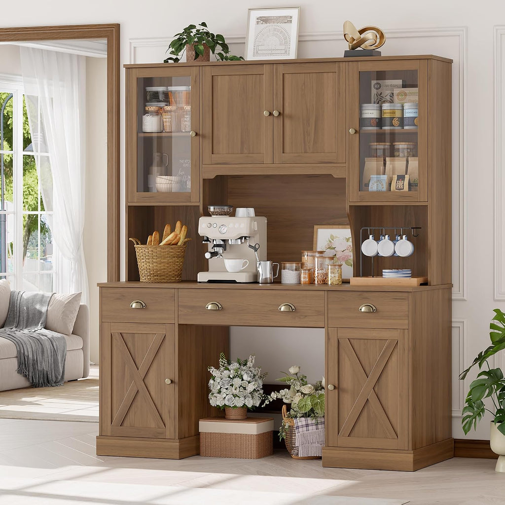 Keyluv 75' Executive Desk with Hutch and Drawers, Computer Desk with Glass Door and Storage Cabinet, 63' W Large Farmhouse Workstation for Home Office Study Writing Gaming Table, Brown