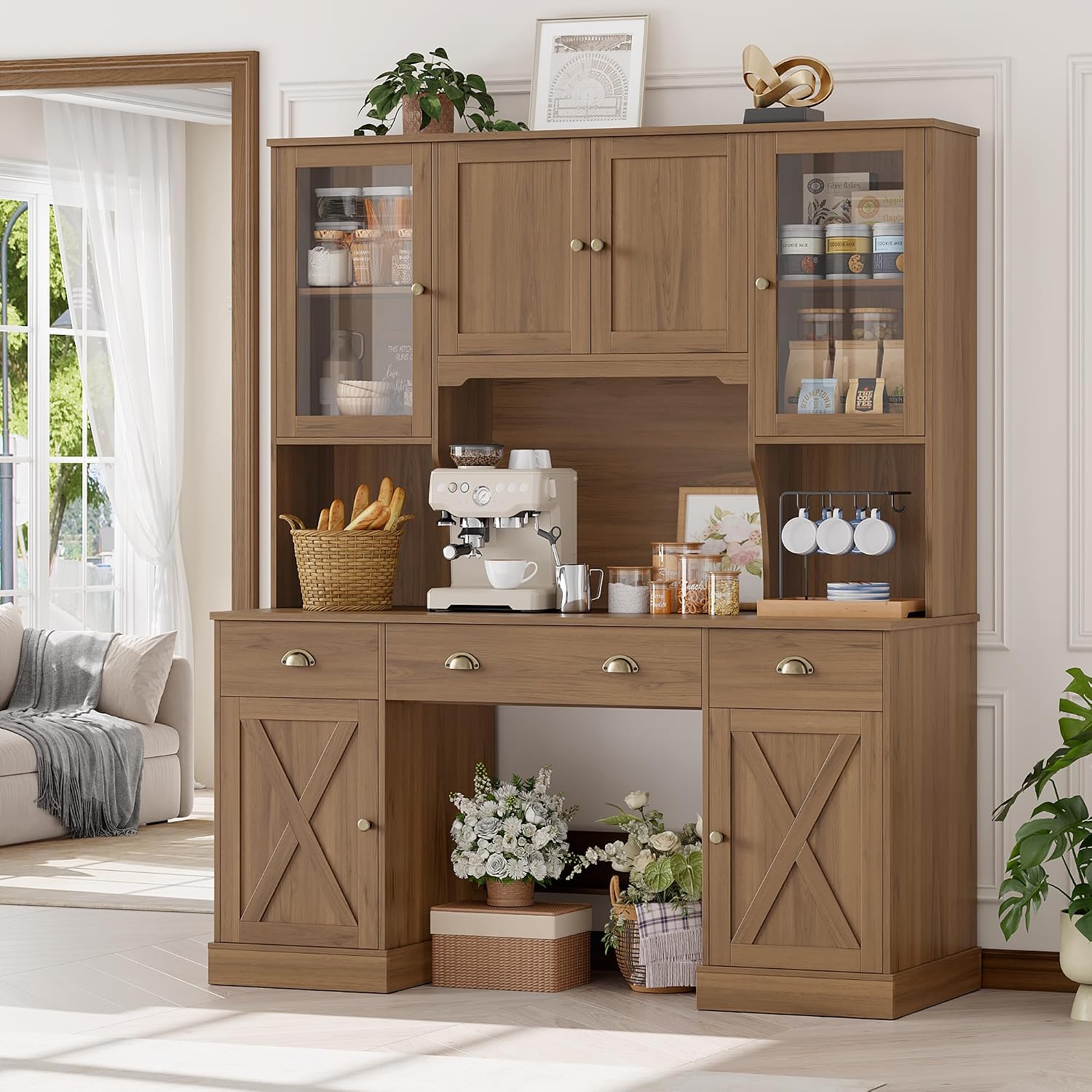 Keyluv 75' Executive Desk with Hutch and Drawers, Computer Desk with Glass Door and Storage Cabinet, 63' W Large Farmhouse Workstation for Home Office Study Writing Gaming Table, Brown