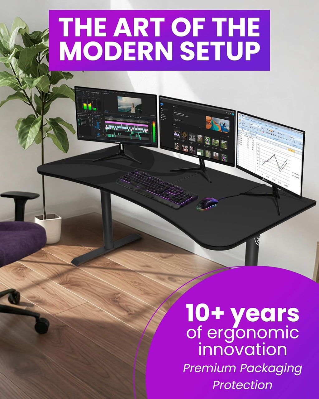 Arozzi Arena Ultrawide Curved Gaming and Office Desk with Full Surface Water Resistant Desk Mat with 3 Custom Monitor Mount Cut Outs and Under The Desk Cable Management Netting - Gunmetal