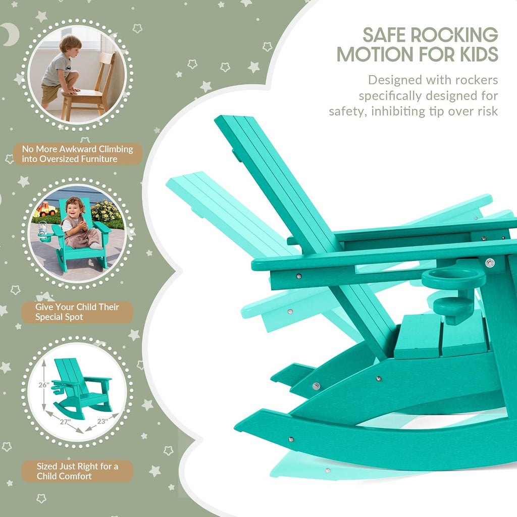 WestinTrends Ashore Outdoor HDPE Plastic Preschool Toddler Modern Adirondack Rocking Chairs (Set of 2), Turquoise