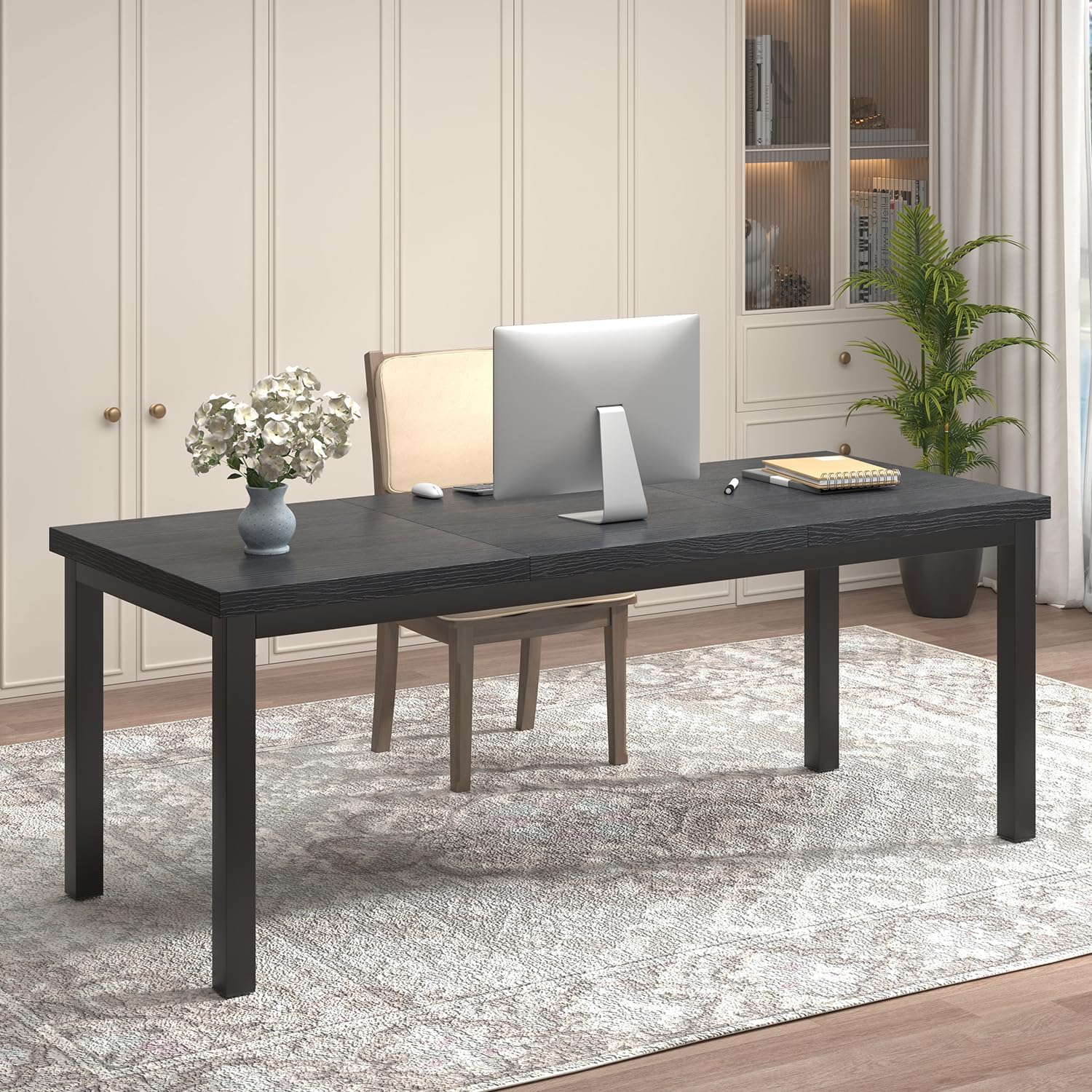 63 Inch Large Computer Desk, Modern Office Desk with Adjustable Feet, Gaming Desk with Deep Desktop, Study Writing Table for Home Office, Work from Home, Easy Assembly, Black
