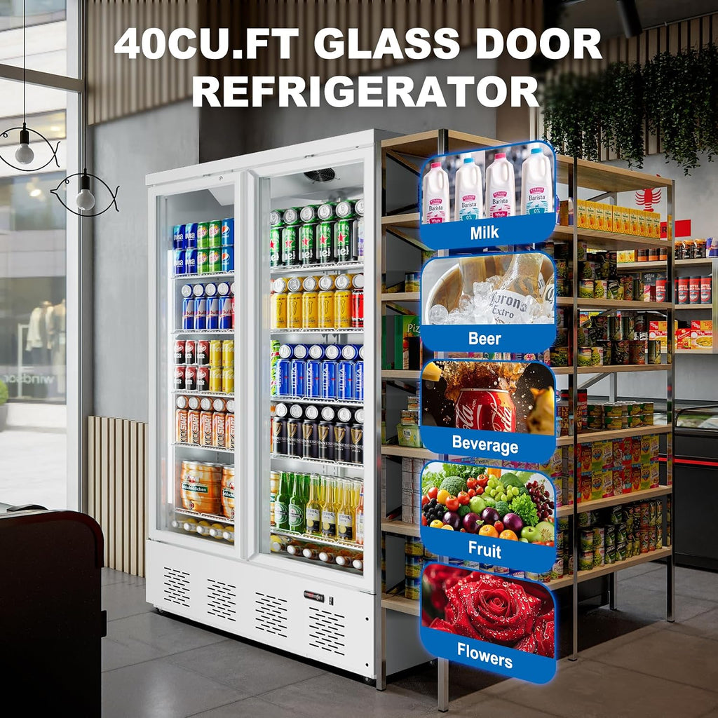 41.4''W White Commercial Refrigerators, 30.5 Cu.Ft 2 Glass Door Commercial Beverage Refrigerators Upright Display Cooler with LED Light and 10 Adjustable Shelves for Restaurant Stores