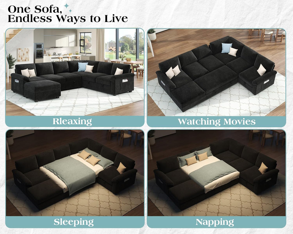 VanAcc 105' Sofa Bed, Sectional Sleeper Sofa with Pull Out Bed/Reclining Backrest, 6 Seater Couches for Living Room, Sleeper Couch Bed with Storage, Chenille Black