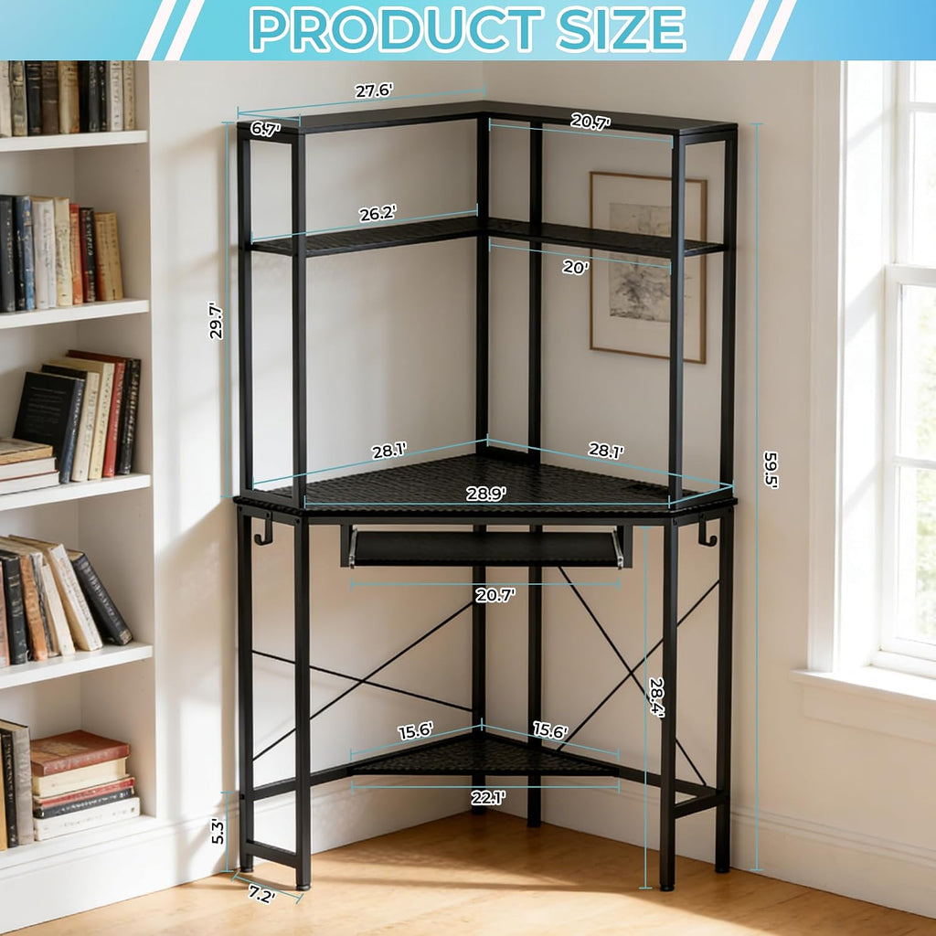 Corner Desk with Hutch and LED Lights, Corner Computer Desk with Keyboard Tray and Monitor Stand, Small Computer Desk for Small Spaces, Home Office（Carbon Black）