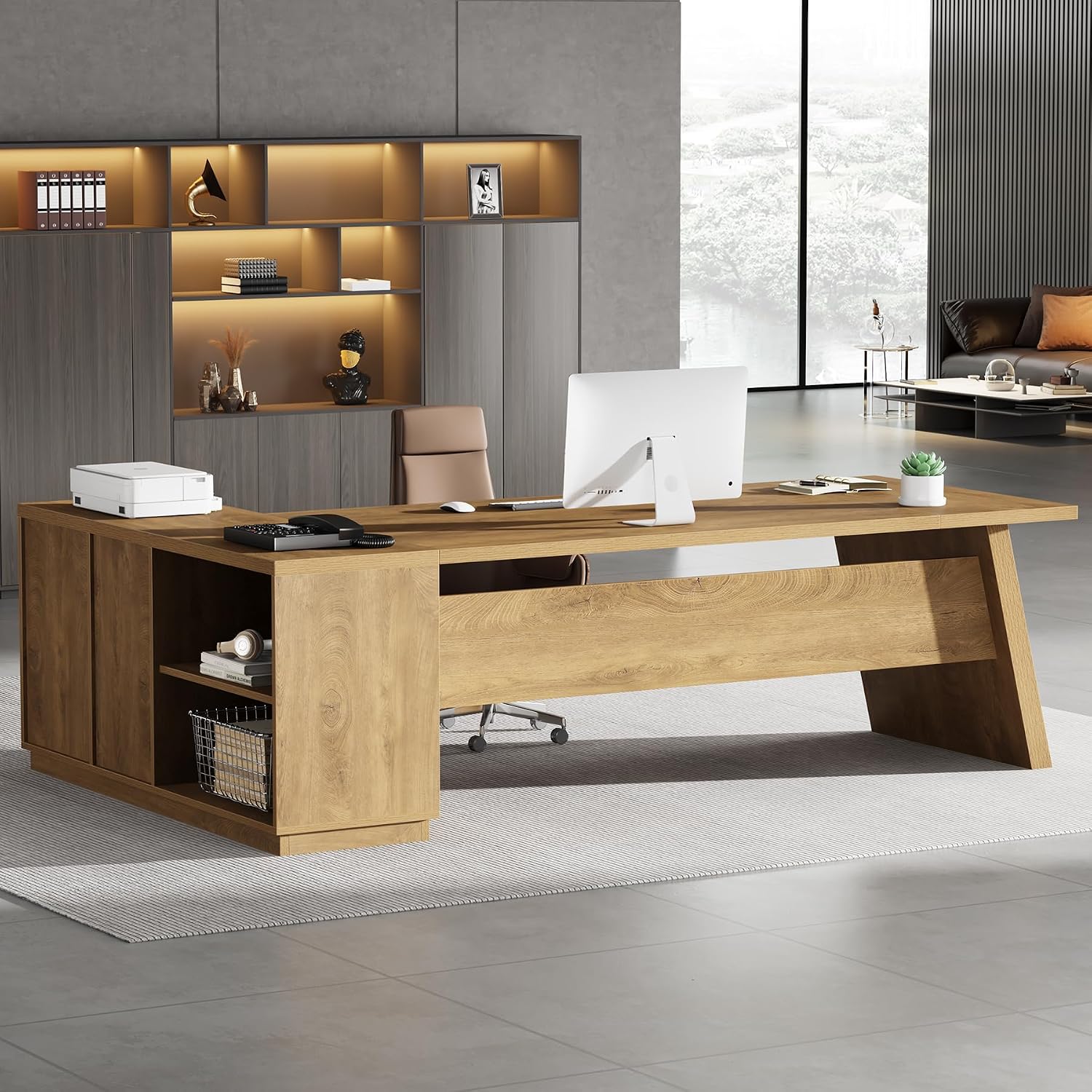 Tribesigns Modern L-Shaped Executive Desk, 78.7' L x 31.5' W x 29.5' H, Brown, 3 Drawers, 2 Shelves, Scratch Resistant, Home Office Desk