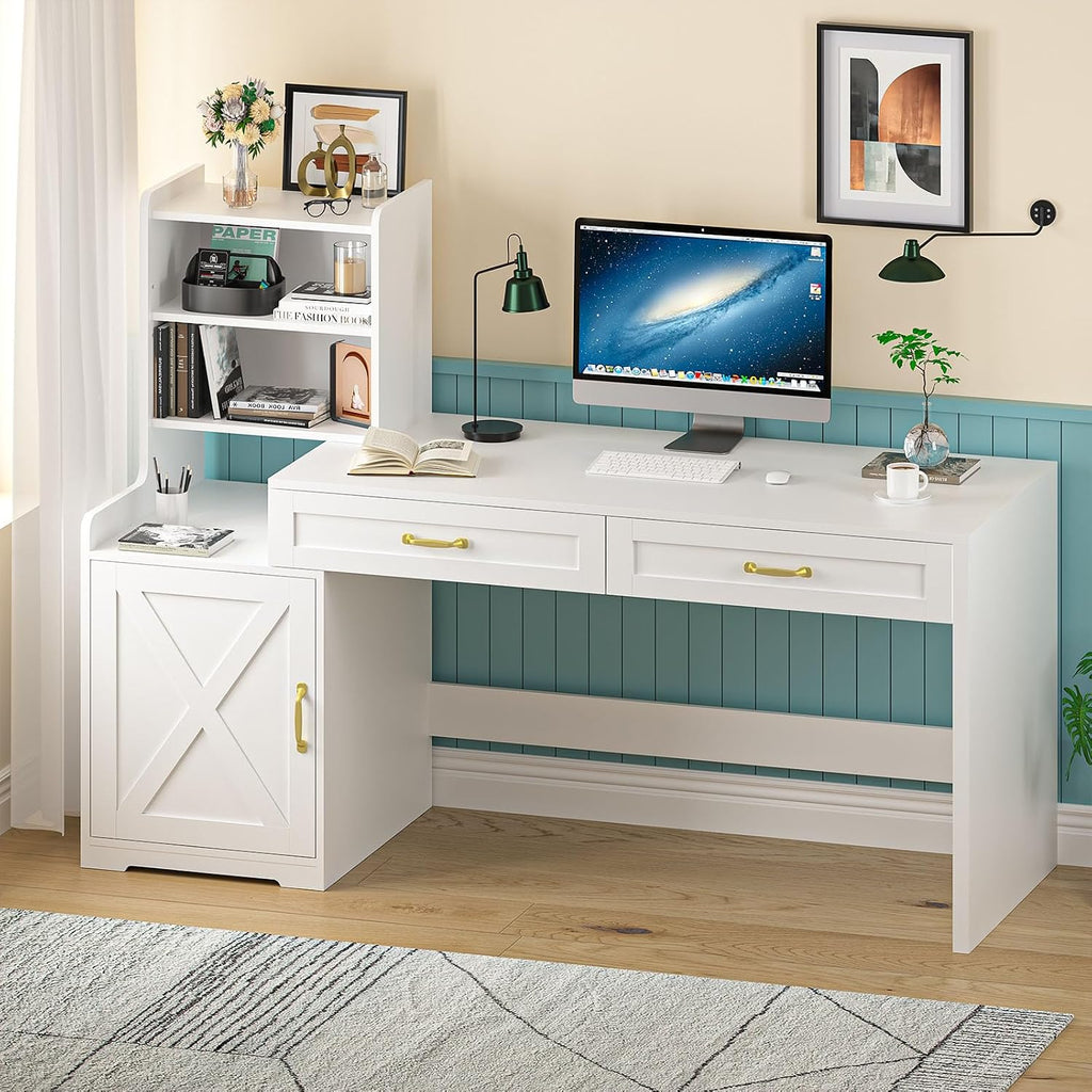 YOMILUVE 60' Computer Desk with Drawers & Bookshelves, Home Office Desk with Storage Cabinet & Spacious Desktop, Writing Gaming Study Table with Bookcase, White