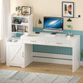YOMILUVE 60' Computer Desk with Drawers & Bookshelves, Home Office Desk with Storage Cabinet & Spacious Desktop, Writing Gaming Study Table with Bookcase, White