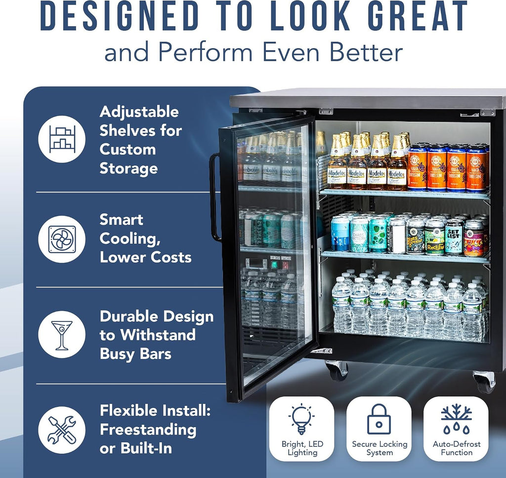PEAKCOLD 1-Door Counter Height Beverage Refrigerator - 36' Wide Energy Efficient Black Beer Fridge With Glass Door & White LED Lighting - Commercial Back Bar Cooler