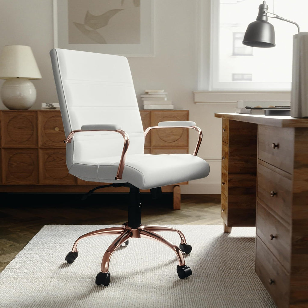 Flash Furniture Whitney Mid-Back Swivel LeatherSoft Desk Chair with Padded Seat and Armrests, Adjustable Height Padded LeatherSoft Office Chair, White/Rose Gold