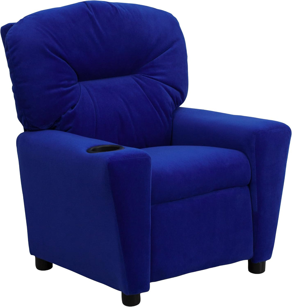 EMMA + OLIVER Blue Microfiber Kids Recliner with Cup Holder