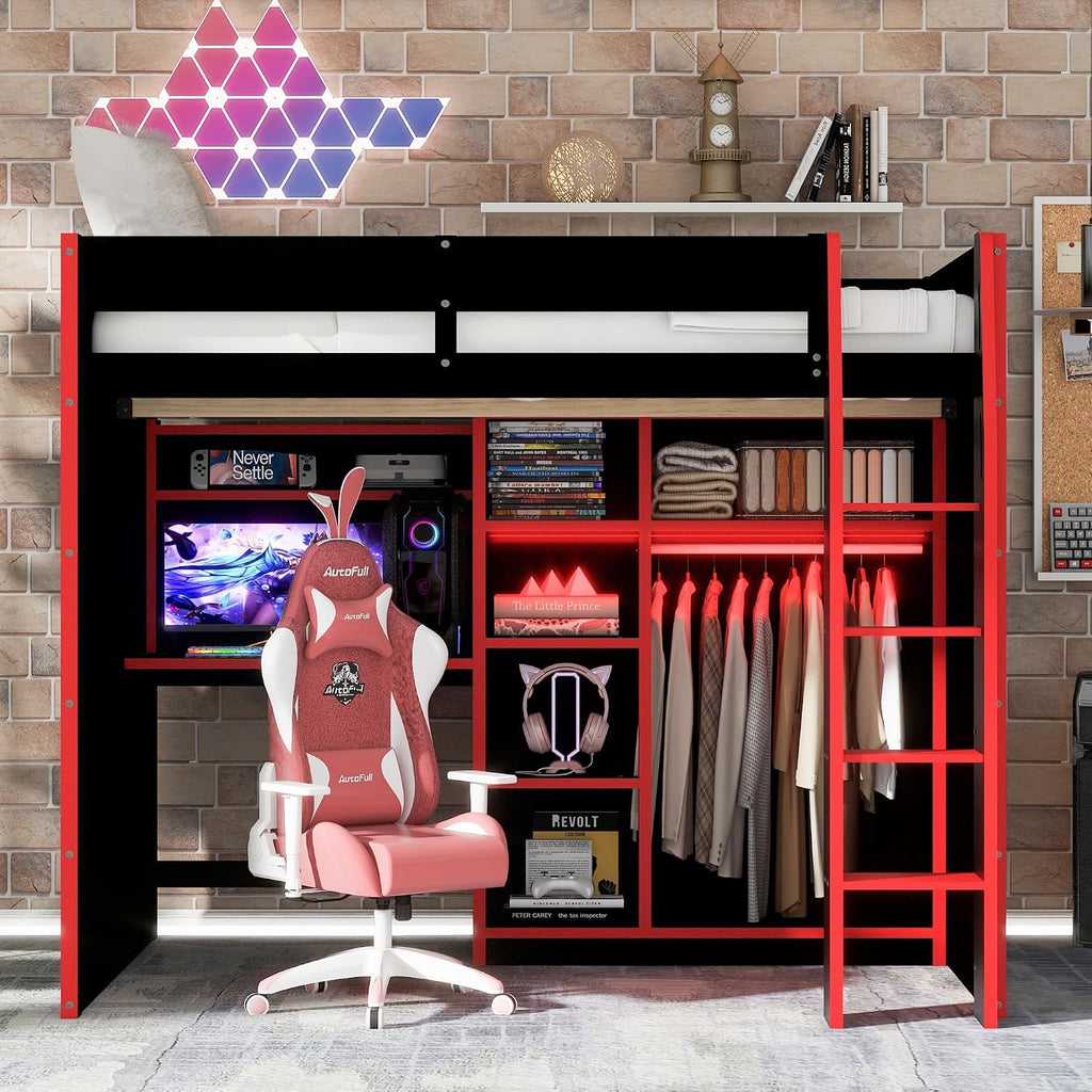 Merax Wood Loft Bed with Desk, Open Wardrobe, Storage Compartments and RGB Lights, Full Size, Red