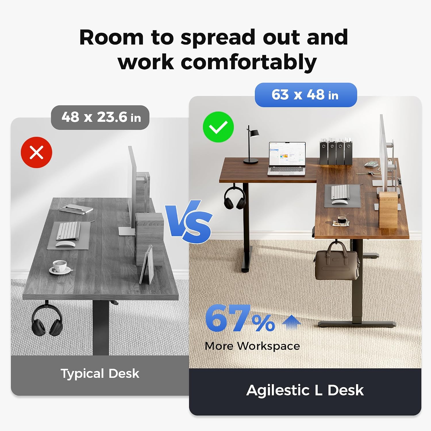 Agilestic Electric L Shaped Standing Desk 63 x 48 Inch with Power Outlet, Height Adjustable Corner Stand up Desk with Cable Management,Sit Stand Home Office Workstation with Splice Board, Dark Walnut