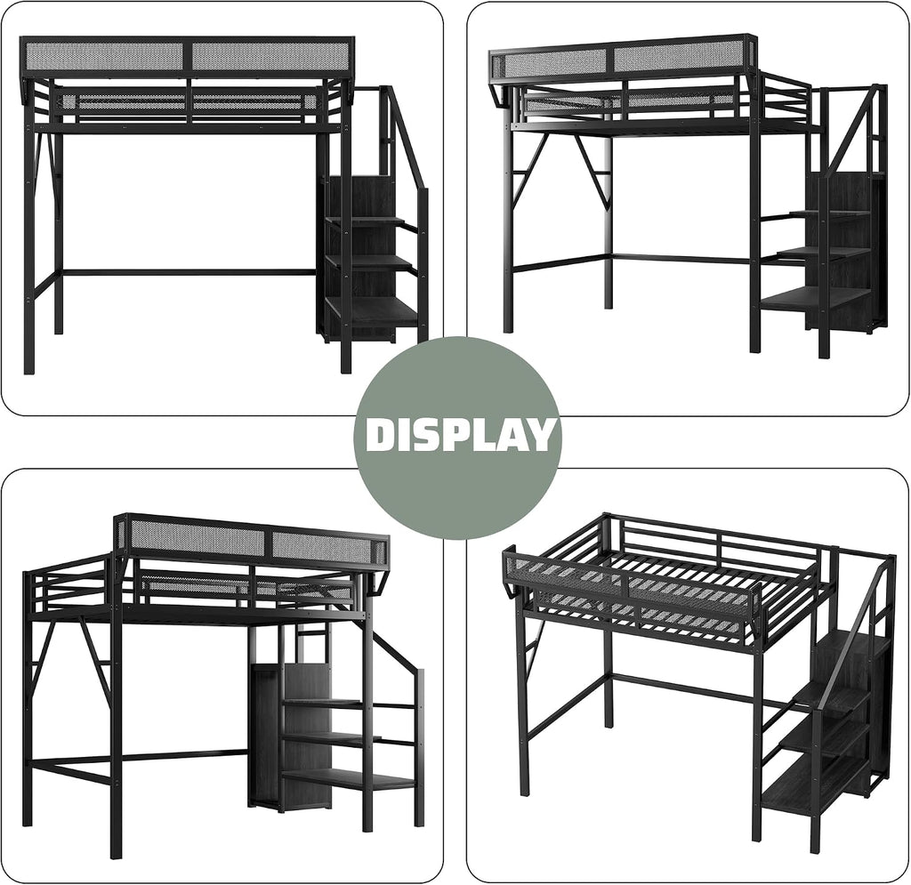 Twin XL Loft Bed with Stairs, Metal Loft Beds Frame with Storage Shelves and Wardrobe, Heavy Duty High Lofted Bed for Kids Teens,Black + Black Stair
