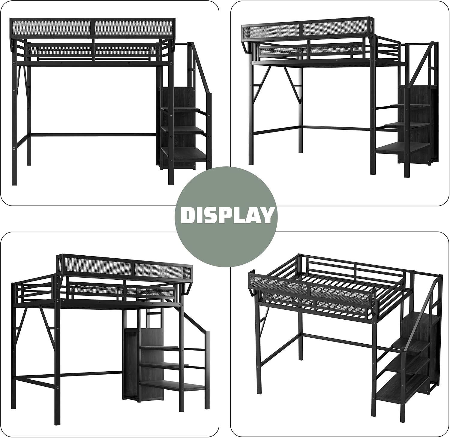 Twin XL Loft Bed with Stairs, Metal Loft Beds Frame with Storage Shelves and Wardrobe, Heavy Duty High Lofted Bed for Kids Teens,Black + Black Stair