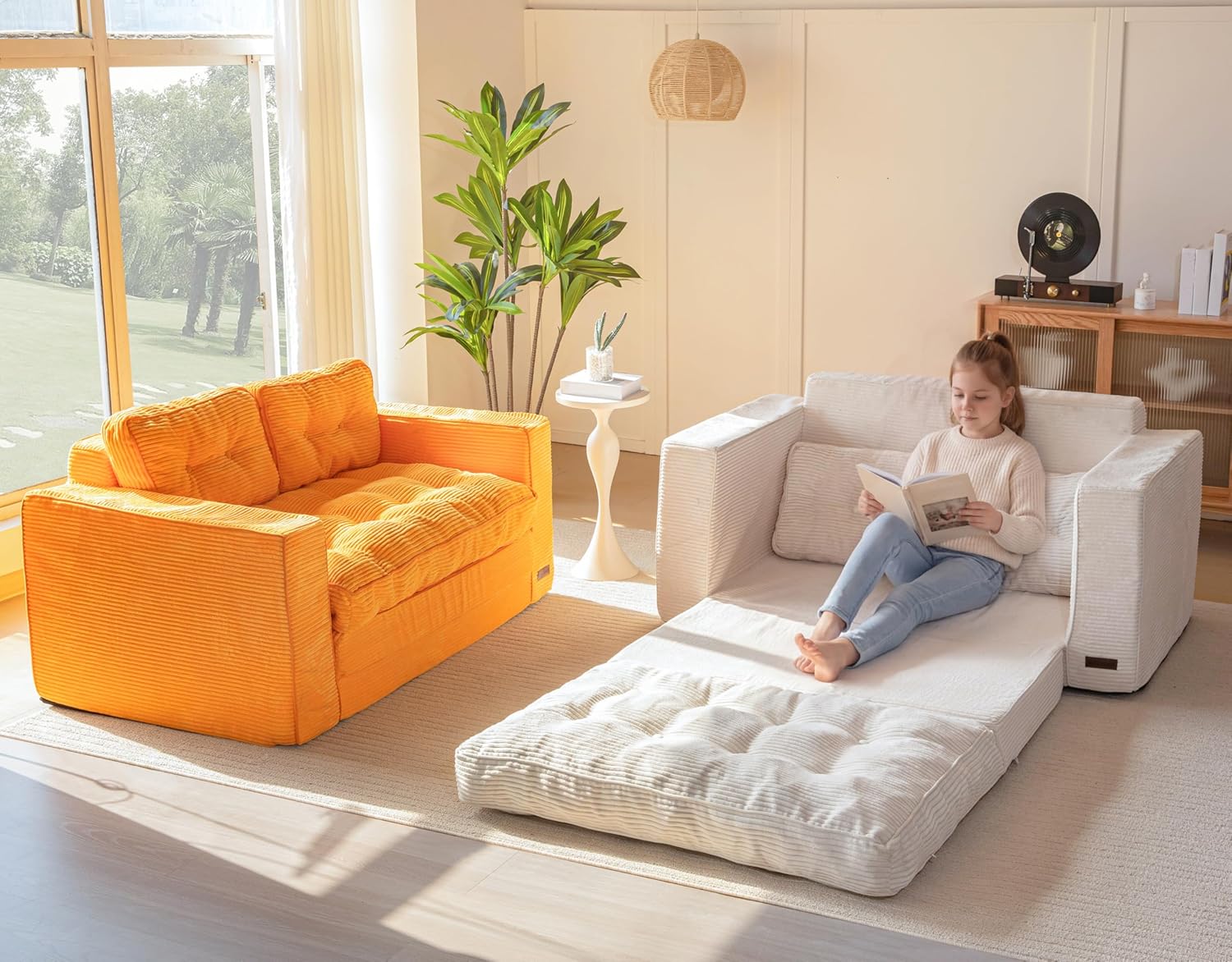 MAXYOYO Convertible Sofa Bed, Pull Out Loveseat Sleeper Sofa, 2 in 1 Folding Couch Bed, Fold Out Floor Couch with Pillows for Living Room Bedroom Lounge, Beige