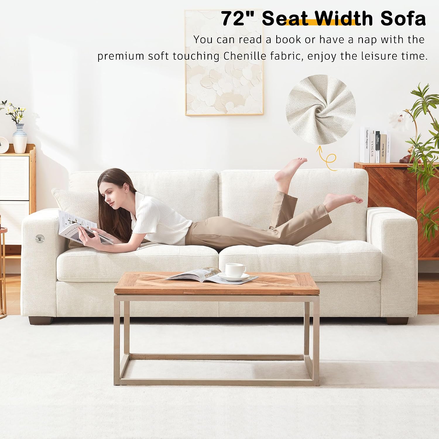 Hanherry 89' Sofa for Living Room, Modern Comfy Sofa with Medium Firm Seat Cushion, Removable Cover,Wide Armrest,USB/Type-C Port,Chenille Fabric Couches for Small Space,Apartment