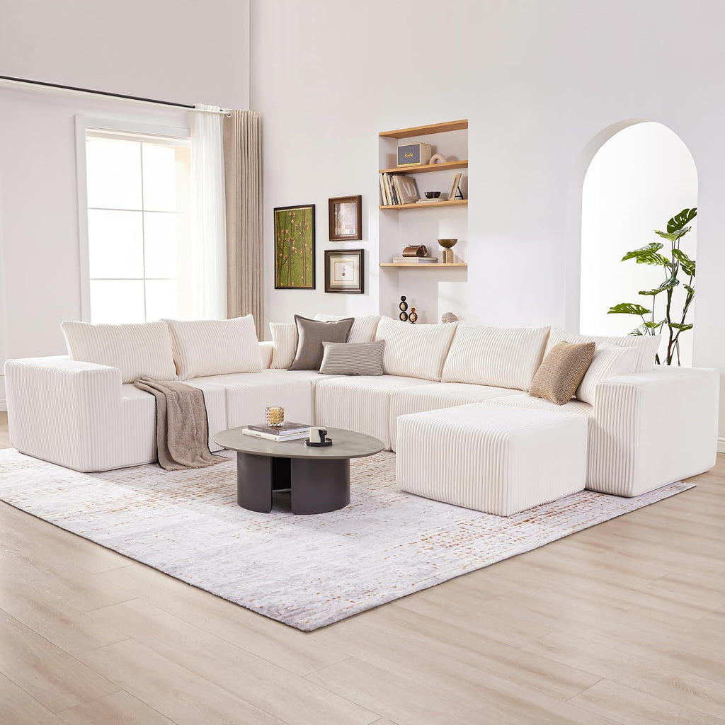 Boneless Couch, Cloud Couch Sectional, Modular Sofa with Deep Seat, Convertible Sectional Couches for Living Room, Plush Corduroy U Shaped Boneless Couch (Beige, 6 Seater & 1 Ottoman)