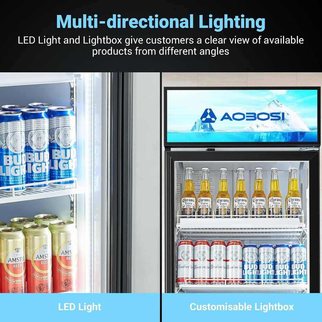 AAOBOSI Commercial Merchandiser Refrigerator,17.1 Cu.Ft Glass Door Display Refrigerator,Upright Beverage Cooler Fridge with Soft LED Light, Customizable Lightbox,Universal Casters,Adjustable Shelves