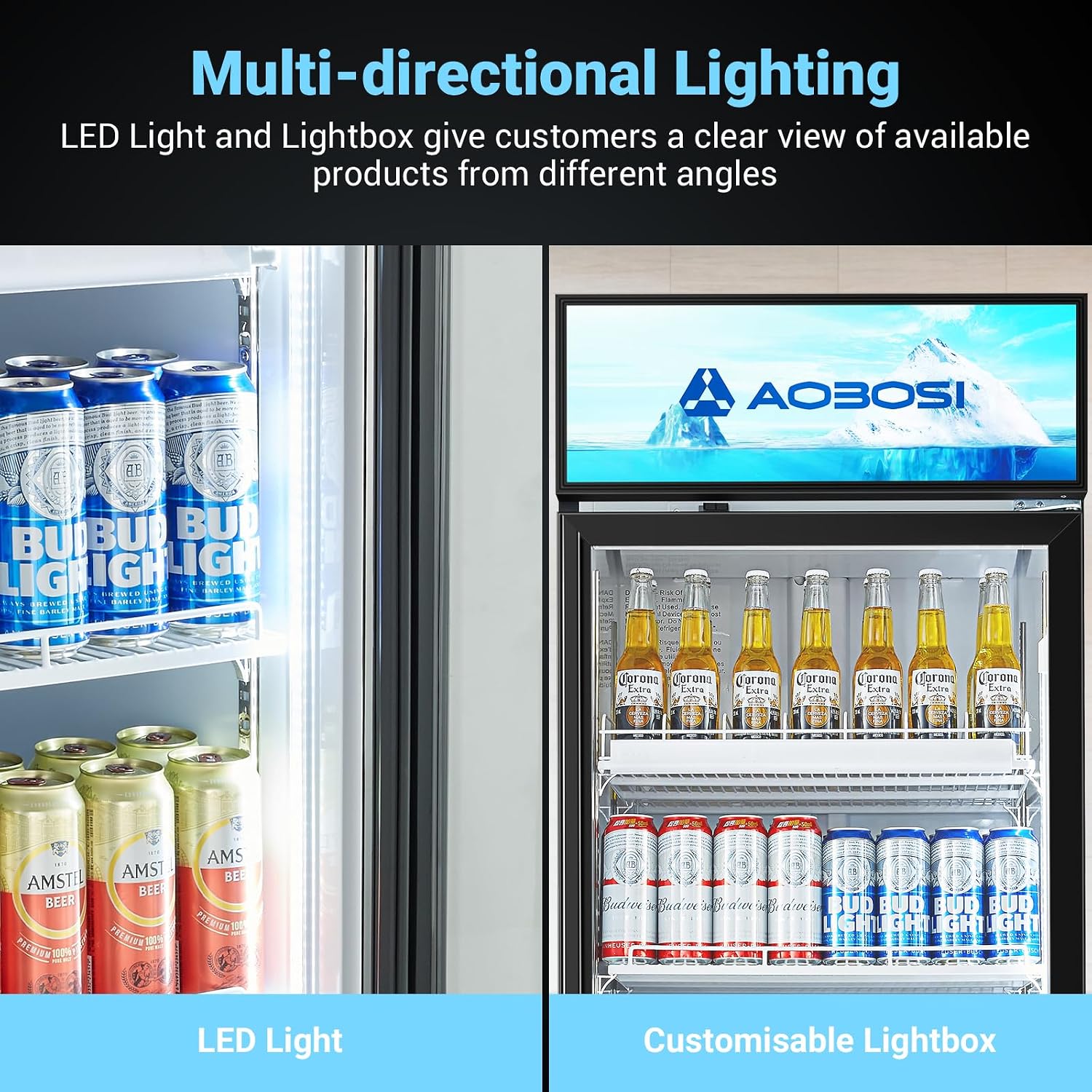 AAOBOSI Commercial Merchandiser Refrigerator,17.1 Cu.Ft Glass Door Display Refrigerator,Upright Beverage Cooler Fridge with Soft LED Light, Customizable Lightbox,Universal Casters,Adjustable Shelves