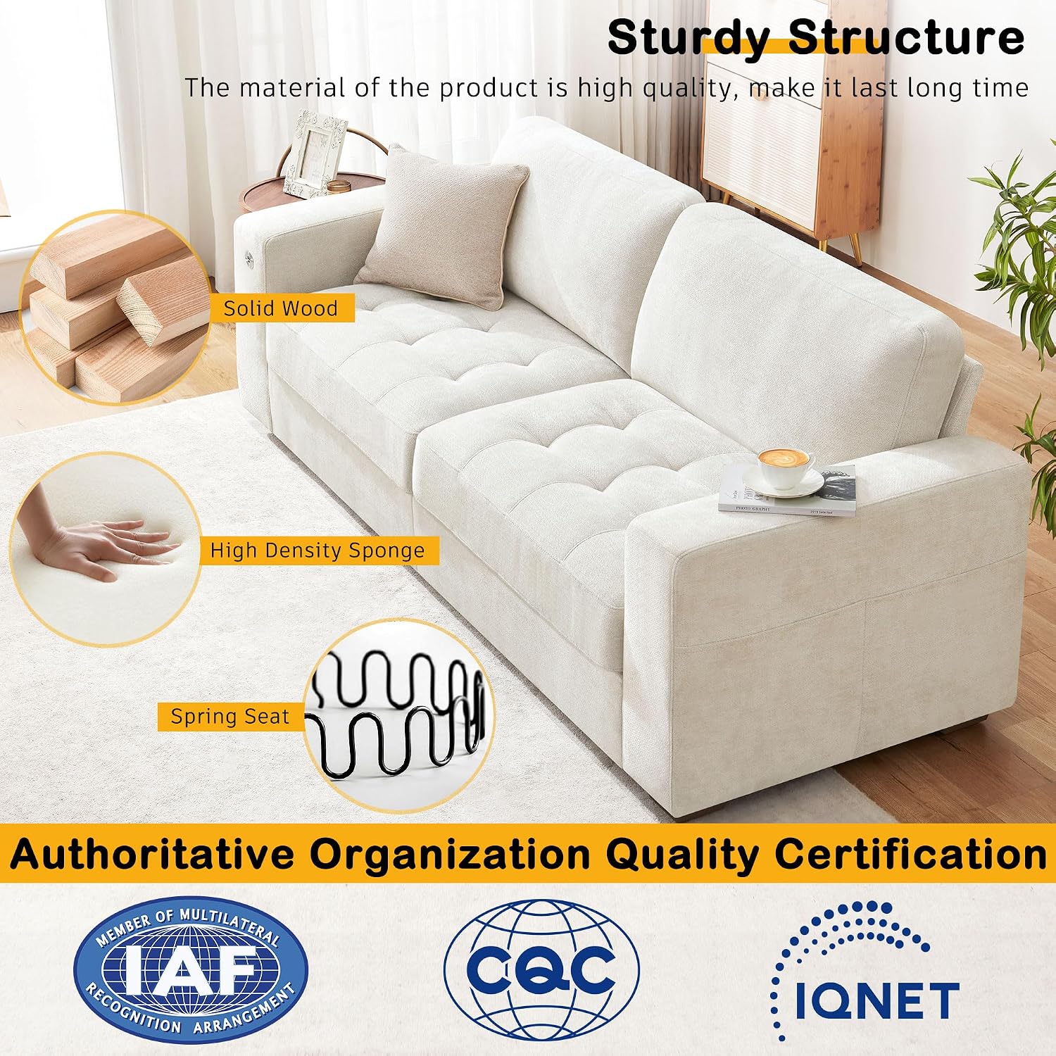 Hanherry 89' Sofa for Living Room, Modern Comfy Sofa with Medium Firm Seat Cushion, Removable Cover,Wide Armrest,USB/Type-C Port,Chenille Fabric Couches for Small Space,Apartment