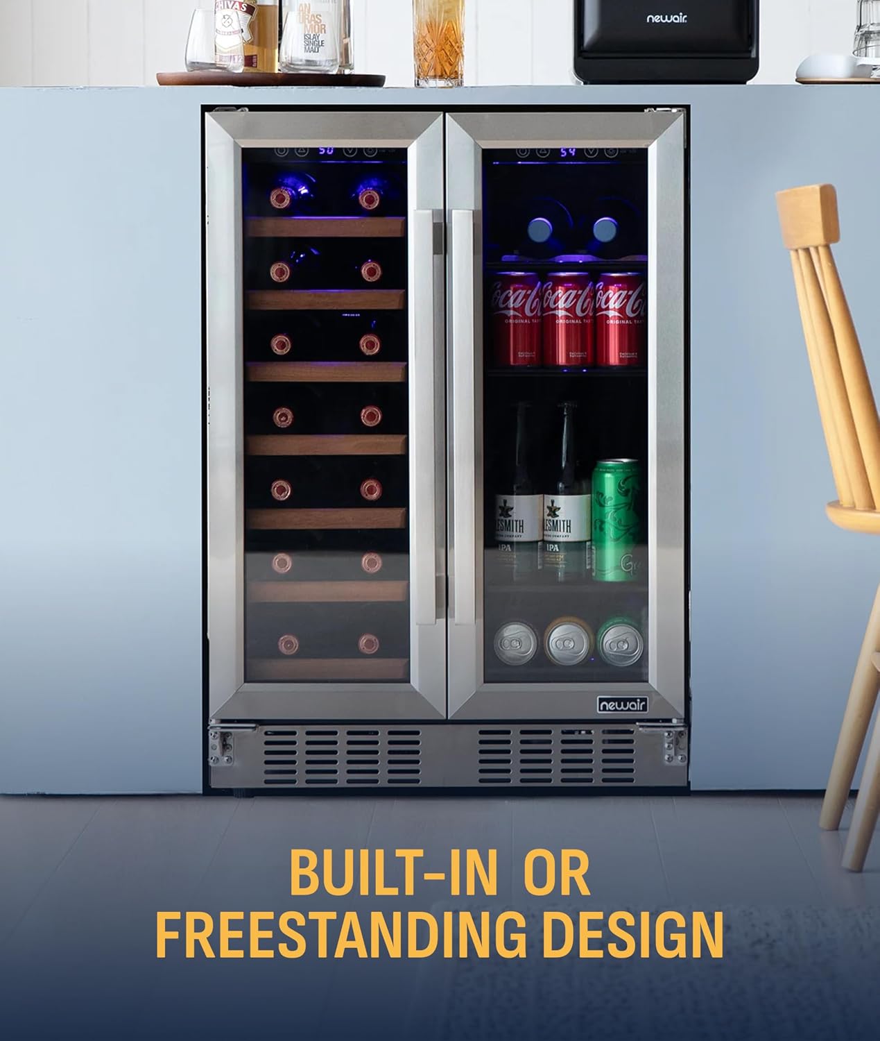 NewAir 24' Dual Zone Beverage Refrigerator & Wine Cooler for 20 Bottles & 78 Cans | Freestanding or Built-In Under Counter Mini Fridge for Beer, Wine and Soda | Stainless Steel