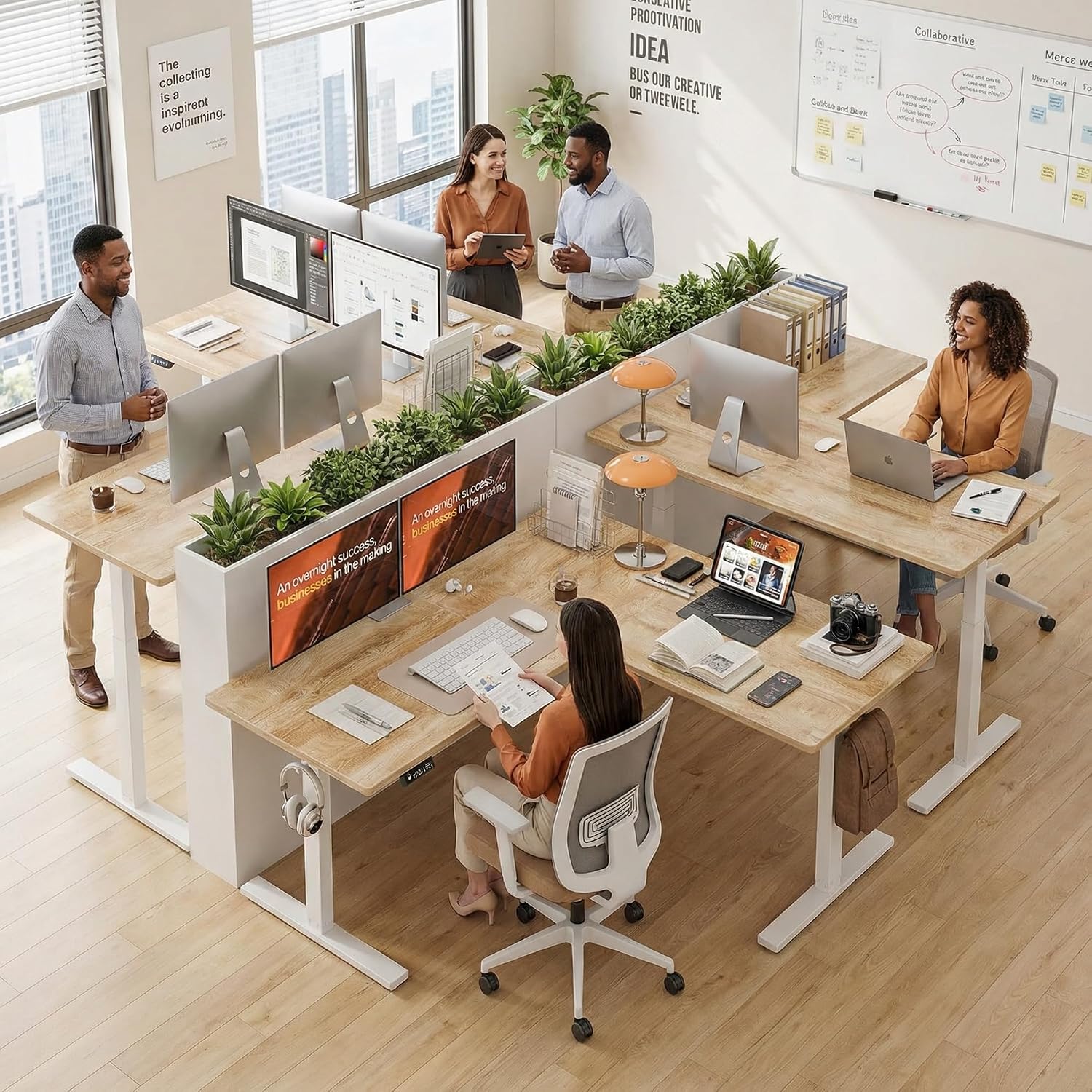 Grandder 63 x 55 Inch L Shaped Standing Desk, Electric Height Adjustable Corner Stand Up Desk, Sit Stand Corner Table Home Office Table, Oak Top White Frame