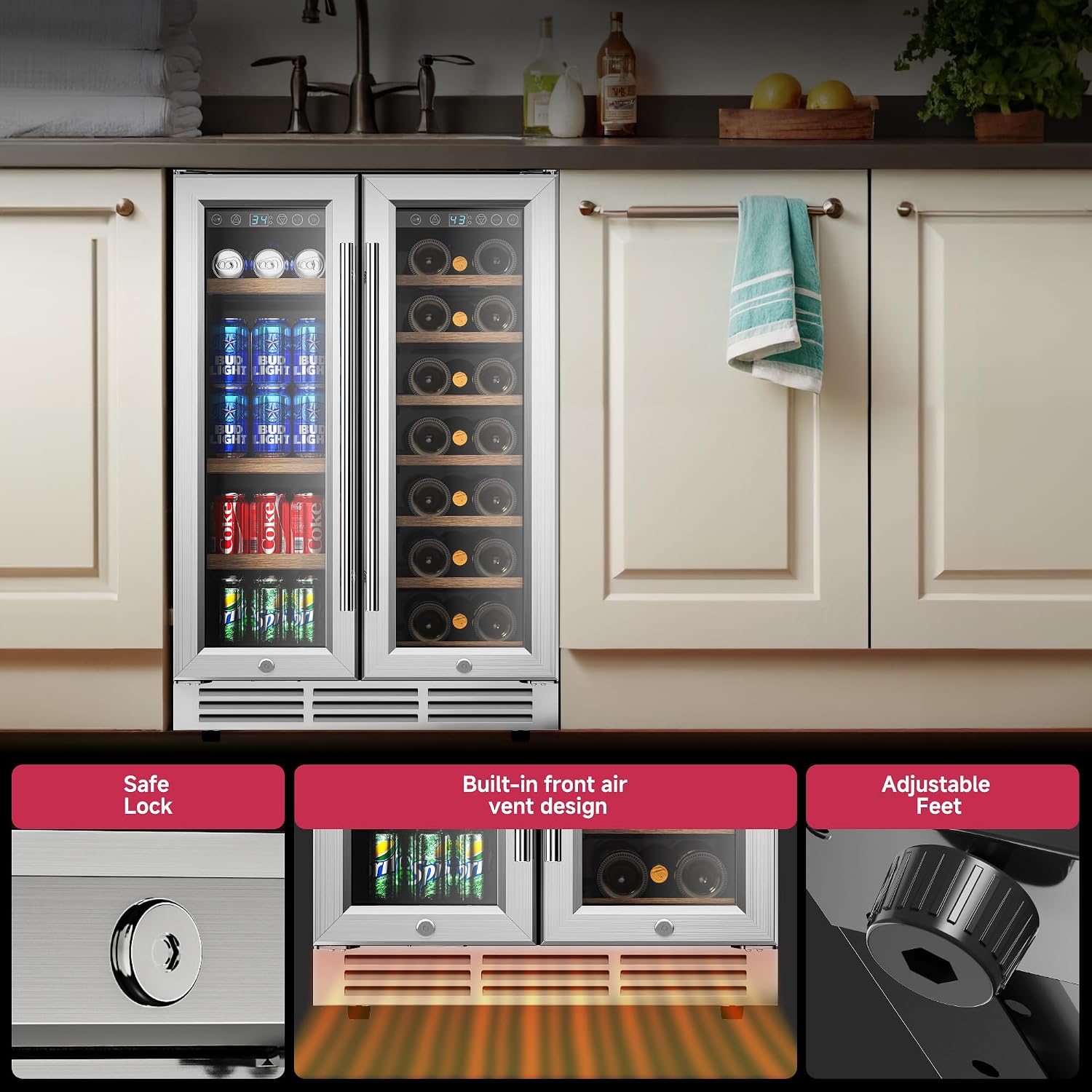 Icyglee 24' Wine and Beverage Refrigerator, Dual Zone Wine Cooler with Glass Door, Hold 88 Cans & 21 Bottles, Built in or Freestanding Under Counter Wine Fridge with Blue LED Light.