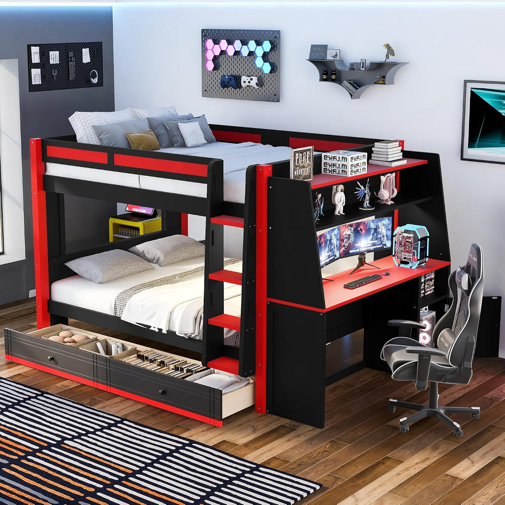 Full Size Multifunctional Bunk Bed with LED Light, Desk and Bookshelves, Drawers, Space-Saving Wooden Bunk Bed for Kids & Teens