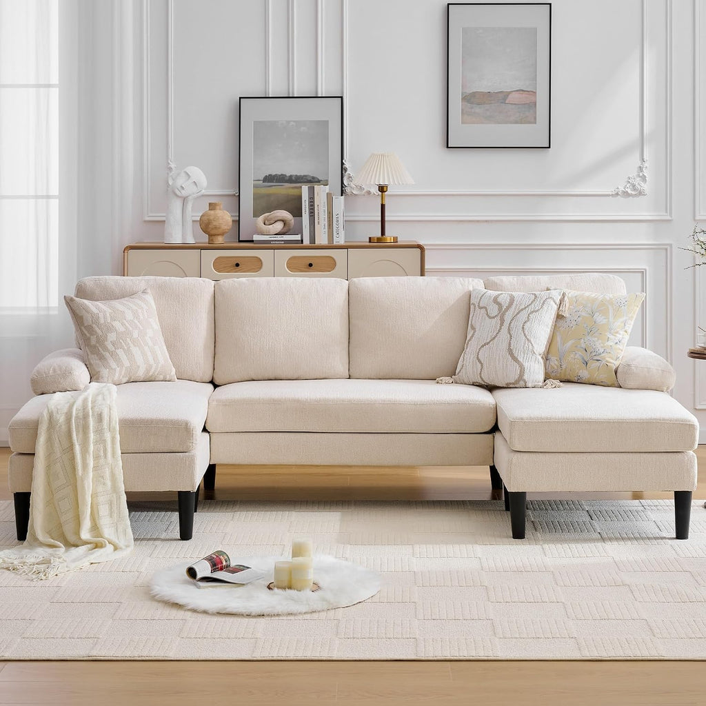 Korser U Shaped Sectional Couches for Living Room, 101' Modern Chenille Fabric Sofa with Double Chaise Lounge, 4-Seat Couch with Removable Pillows for Apartment/Small Space, Beige