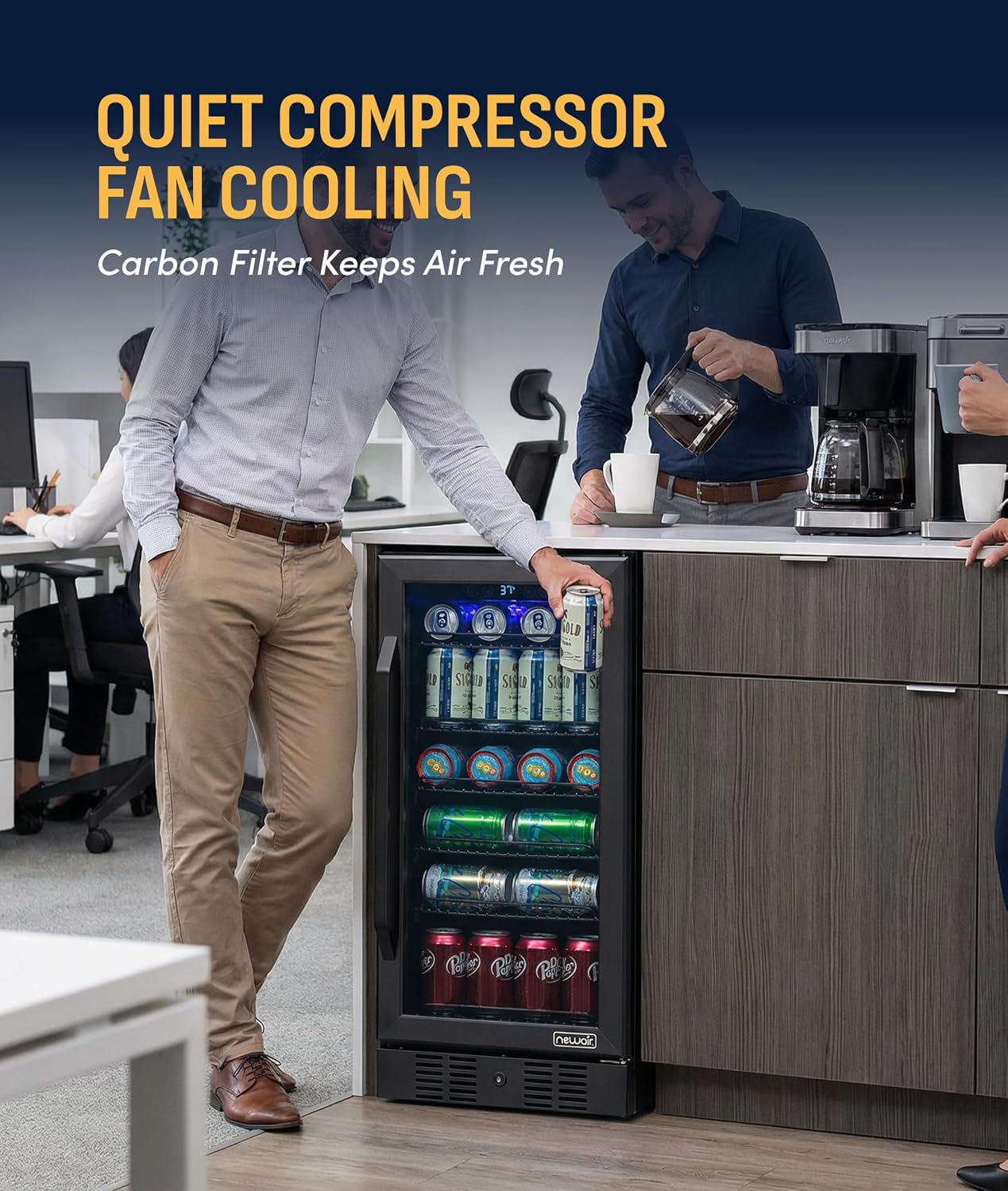 NewAir 96 Can Built-In Beverage Refrigerator | 15' Small Mini Fridge for Bedroom, Home Bar or Office | Quiet Cooling & Precise Temperature Control | Black Stainless Steel