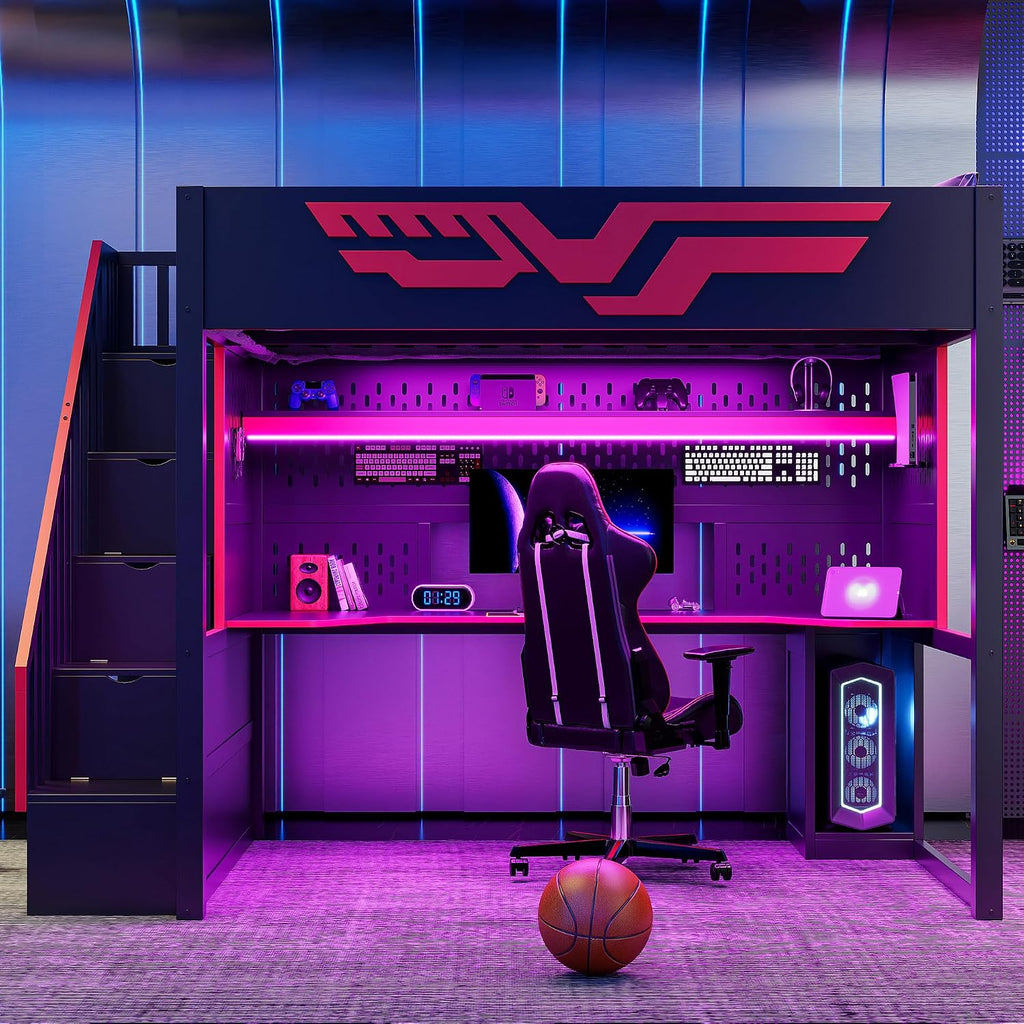 Merax Full Szie Gaming Loft Bed with Desk and Storage Staircase,LED Lights and USB, Red+Black