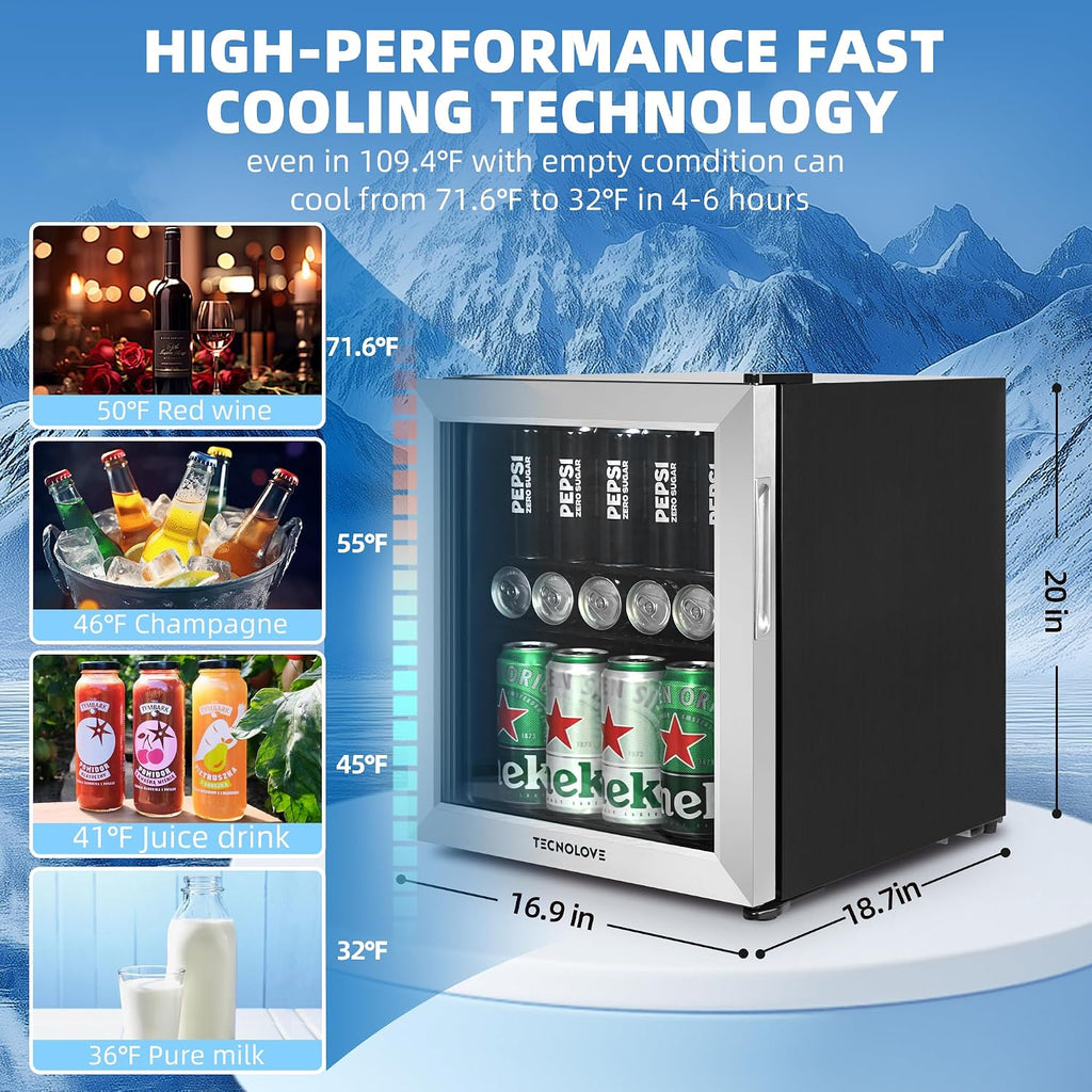 Beverage Refrigerator, 1.6 Cu.Ft Mini Fridge, Stainless Steel, LED Digital Temp Control, Double Glass Door, Adjustable & Removable Shelves, Compact Design for Home & Office