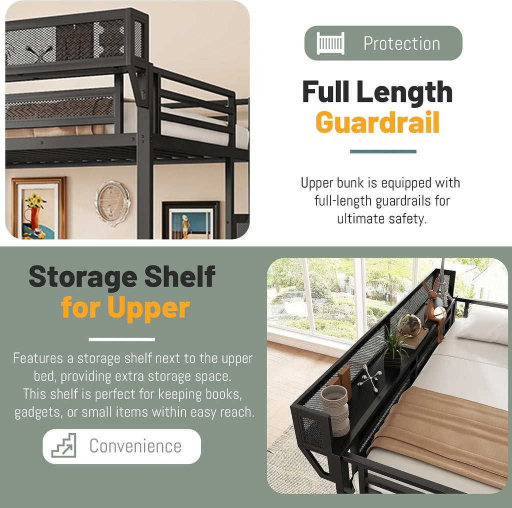 Twin Size Loft Bed with Stairs, Metal Loft Beds Twin with Storage Shelves, Adults Loft Bed with Wardrobe, Heavy Duty High Lofted Bed for Kids Teens,Black +Black Stair