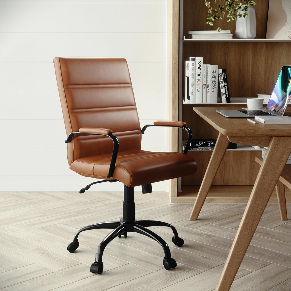 Flash Furniture Whitney Mid-Back Desk Chair - Brown LeatherSoft Executive Swivel Office Chair with Black Frame - Swivel Arm Chair
