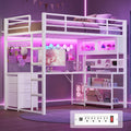 ADORNEVE Gaming Loft Bed Twin Size with L-Shaped Desk, Storage Drawers & RGB Arcylic Hutch, Expanded Safety Power Outlet, Metal LED Loft Bed Frame with Wide Ladder, for Teen Girls, White