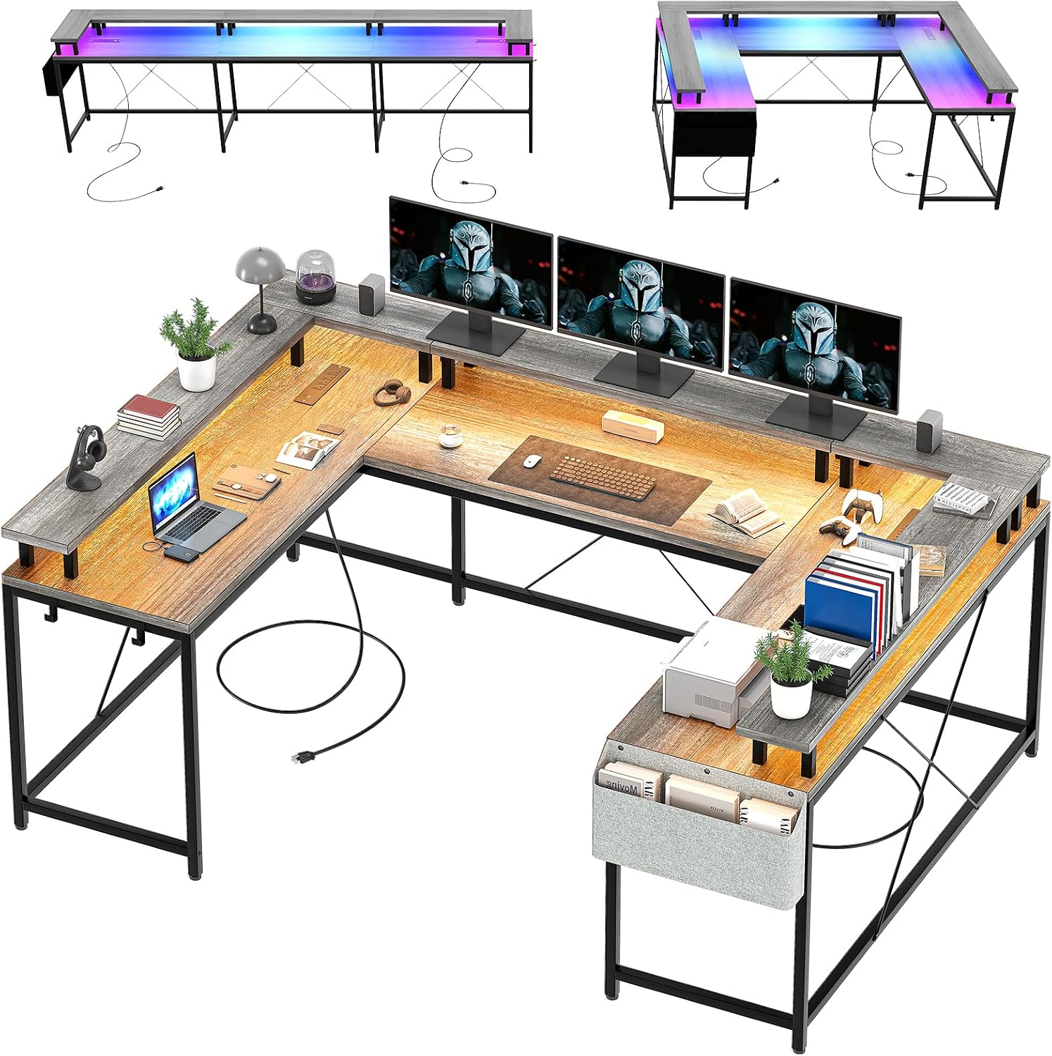 Patikuin U Shaped Desk with Power Outlets, USB Ports & RGB LED Lights, 79 Inch Large Corner Computer Desk with Monitor Stand, Reversible Gaming Desk for Home Office, Ergonomic Workstation (Oak)