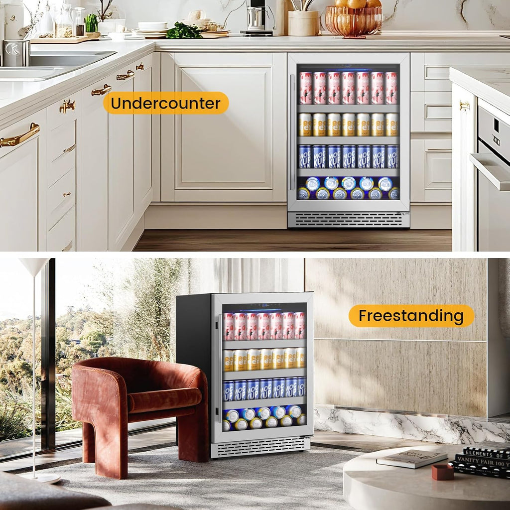 24 Inch Beverage Refrigerator,190 Cans Freestanding/Under Counter Beverage Fridge with Glass Door,Air Cooling Wine Beverage Cooler with Reversible Door,Memory Function for Wine,Beer and Soda