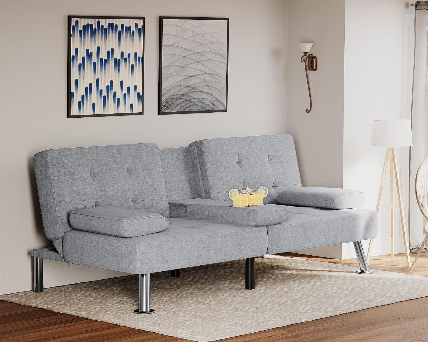 Flamaker Futon Sofa Bed Modern Folding Futon Set Linen Fabric Convertible Recliner Lounge for Living Room with 2 Cup Holders, Removable Armrests (Fabric, Light Grey)