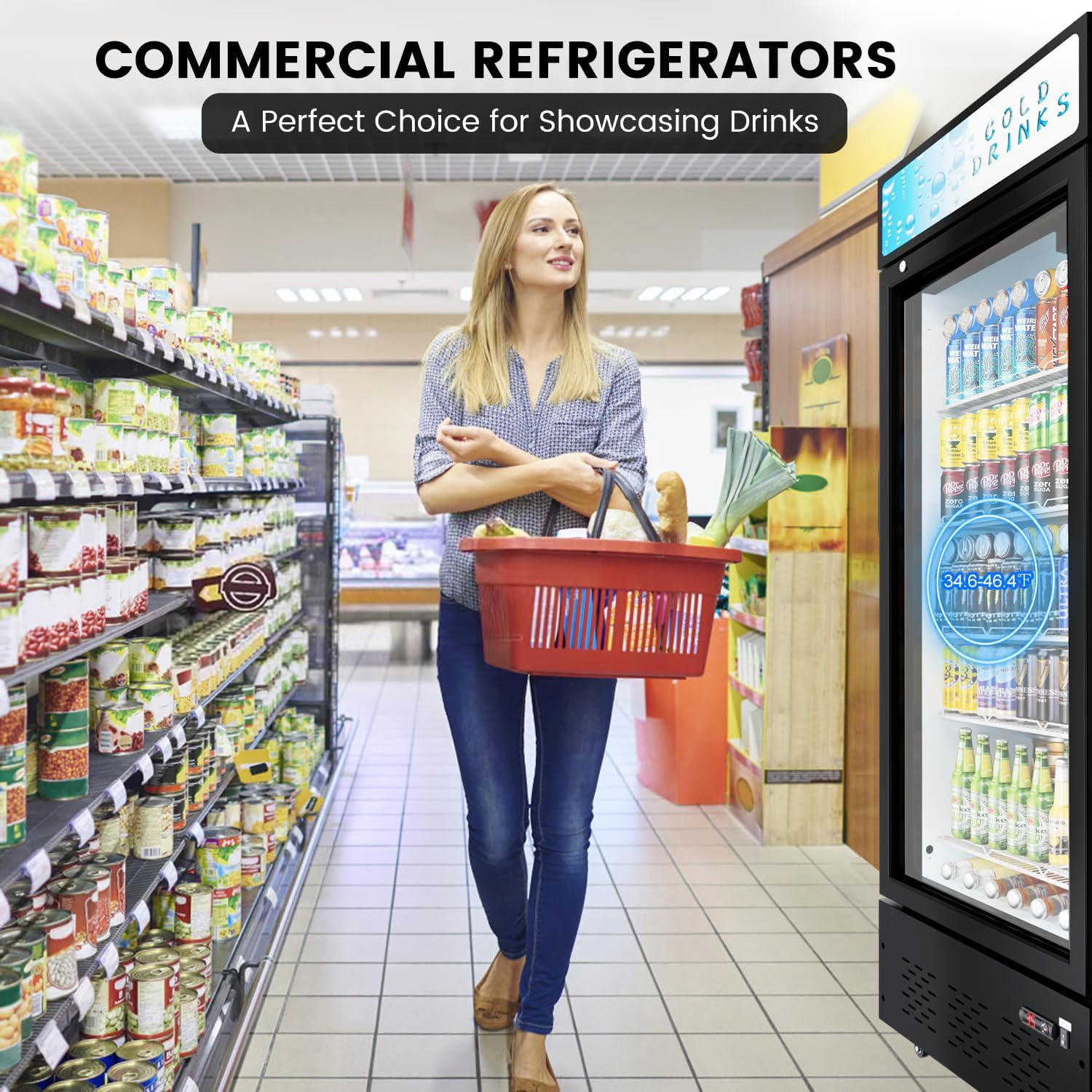 Commercial Beverage Refrigerator, 15 Cu.ft.Display Fridge Glass Door Upright Display Door with Adjustable Shelves LED Light for Restaurant,Grocery Stores,Office