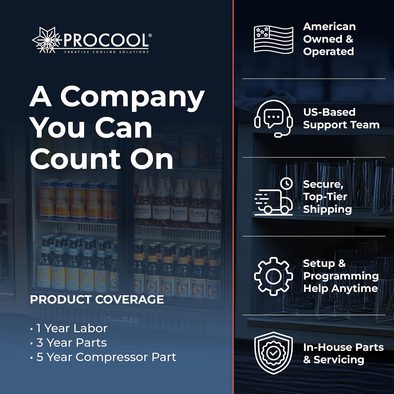 Procool 1-Door Counter Height Beverage Refrigerator - 24' Wide Energy Efficient Black Beer Fridge With Glass Door & Blue LED Lighting - Commercial Back Bar Cooler